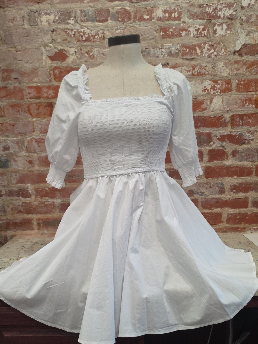 Francesca's Collections White Smocked Mini Dress with Puff Sleeves